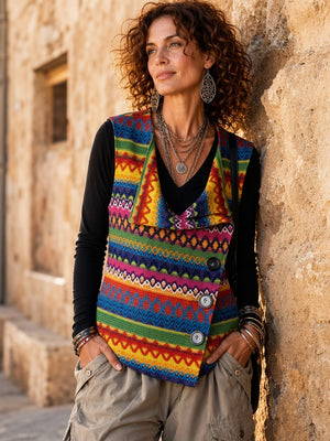 Boho Geometric Asymmetric Button Knit Vest