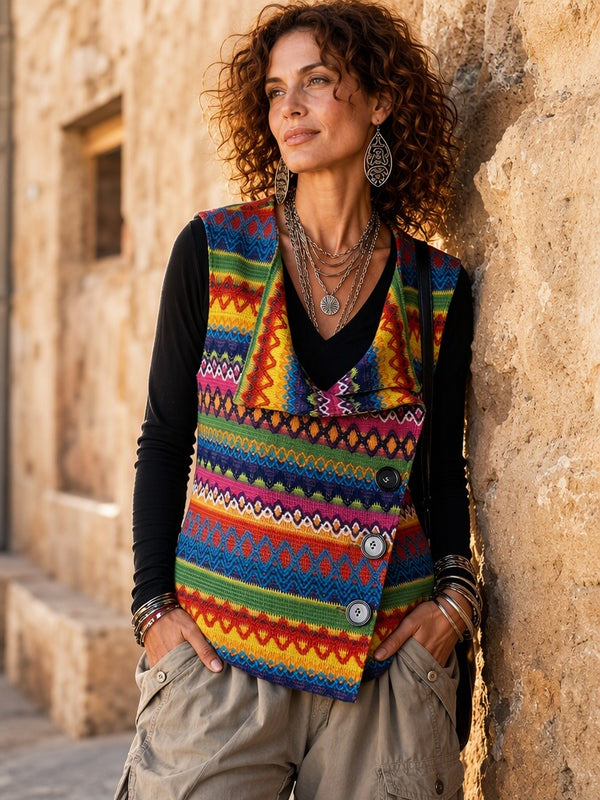 Boho Geometric Asymmetric Button Knit Vest