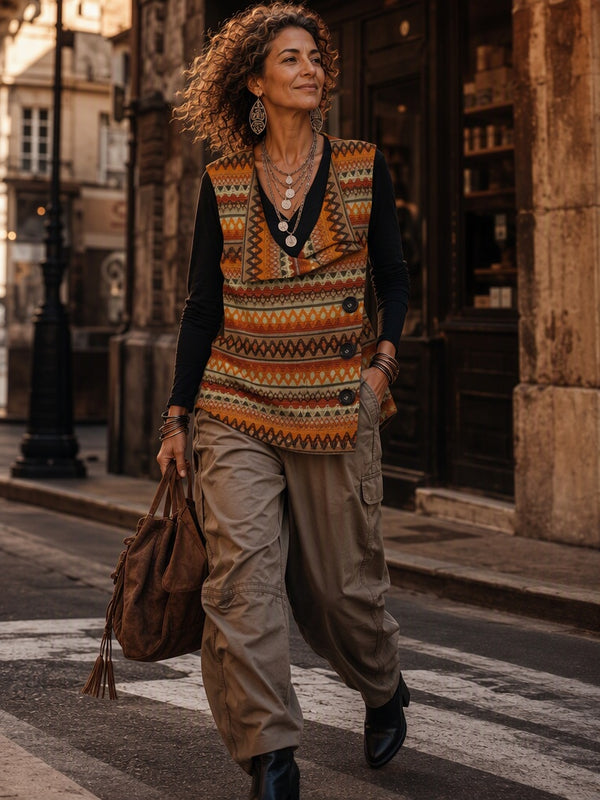 Boho Geometric Asymmetric Button Knit Vest