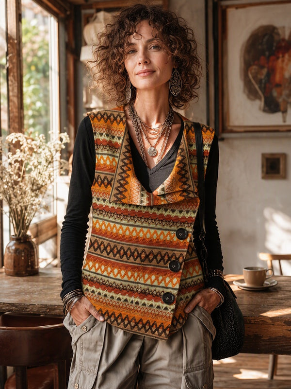 Boho Geometric Asymmetric Button Knit Vest