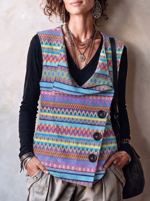 Boho Geometric Asymmetric Button Knit Vest