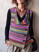 Boho Geometric Asymmetric Button Knit Vest