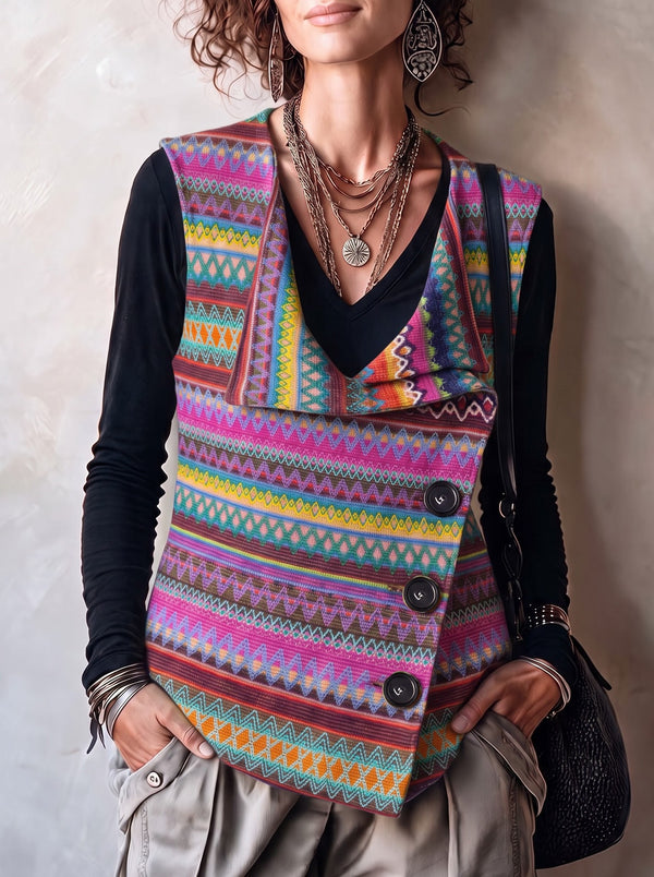 Boho Geometric Asymmetric Button Knit Vest