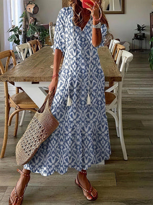 Boho Printed V-Neck Tassel Maxi Dress