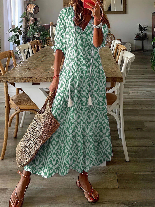 Boho Printed V-Neck Tassel Maxi Dress