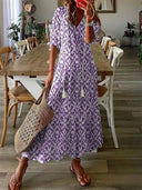 Boho Printed V-Neck Tassel Maxi Dress