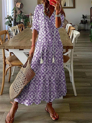 Boho Printed V-Neck Tassel Maxi Dress
