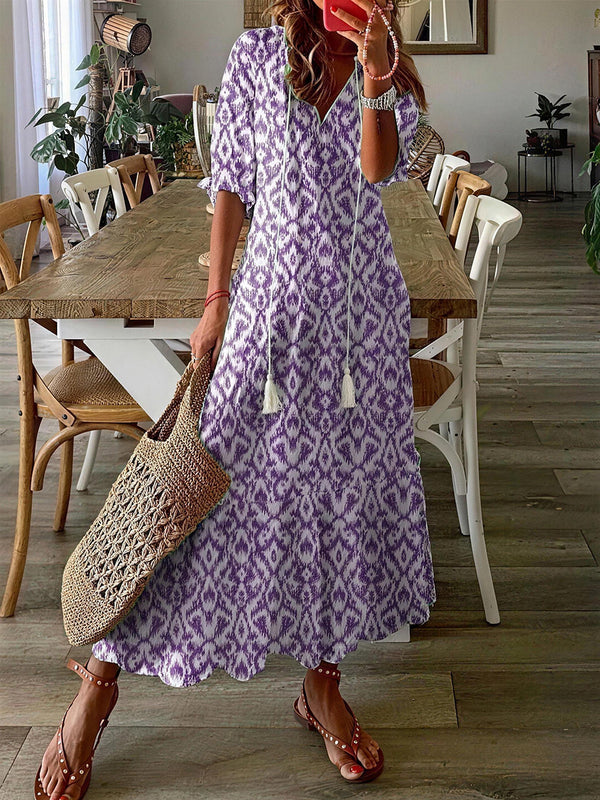 Boho Printed V-Neck Tassel Maxi Dress