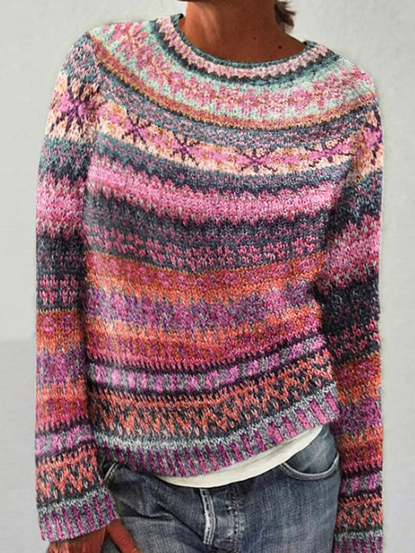 Bold Color-Block Round-Neck Pullover Sweater