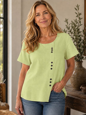 Breathable Cotton-Linen Button Detail Top