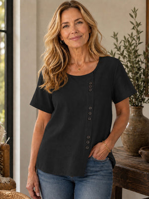 Breathable Cotton-Linen Button Detail Top