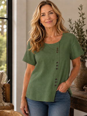 Breathable Cotton-Linen Button Detail Top