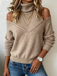 Brauner schulterfreier Rollkragenpullover