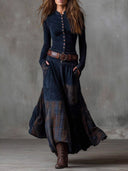 Button-Front Suede Patchwork Maxi Dress