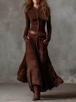 Button-Front Suede Patchwork Maxi Dress