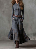 Button-Front Suede Patchwork Maxi Dress