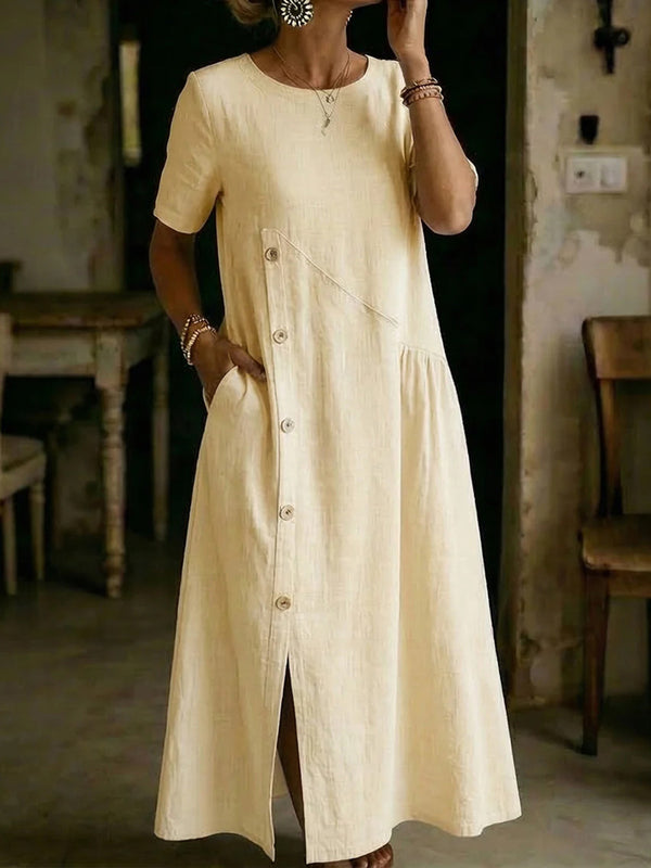 Casual Linen Blend Button Midi Dress