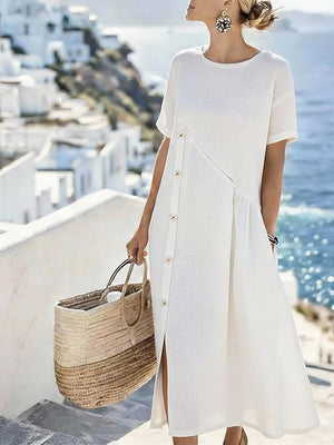Casual Linen Blend Button Midi Dress