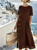 Casual Linen Blend Button Midi Dress