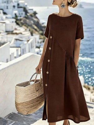 Casual Linen Blend Button Midi Dress