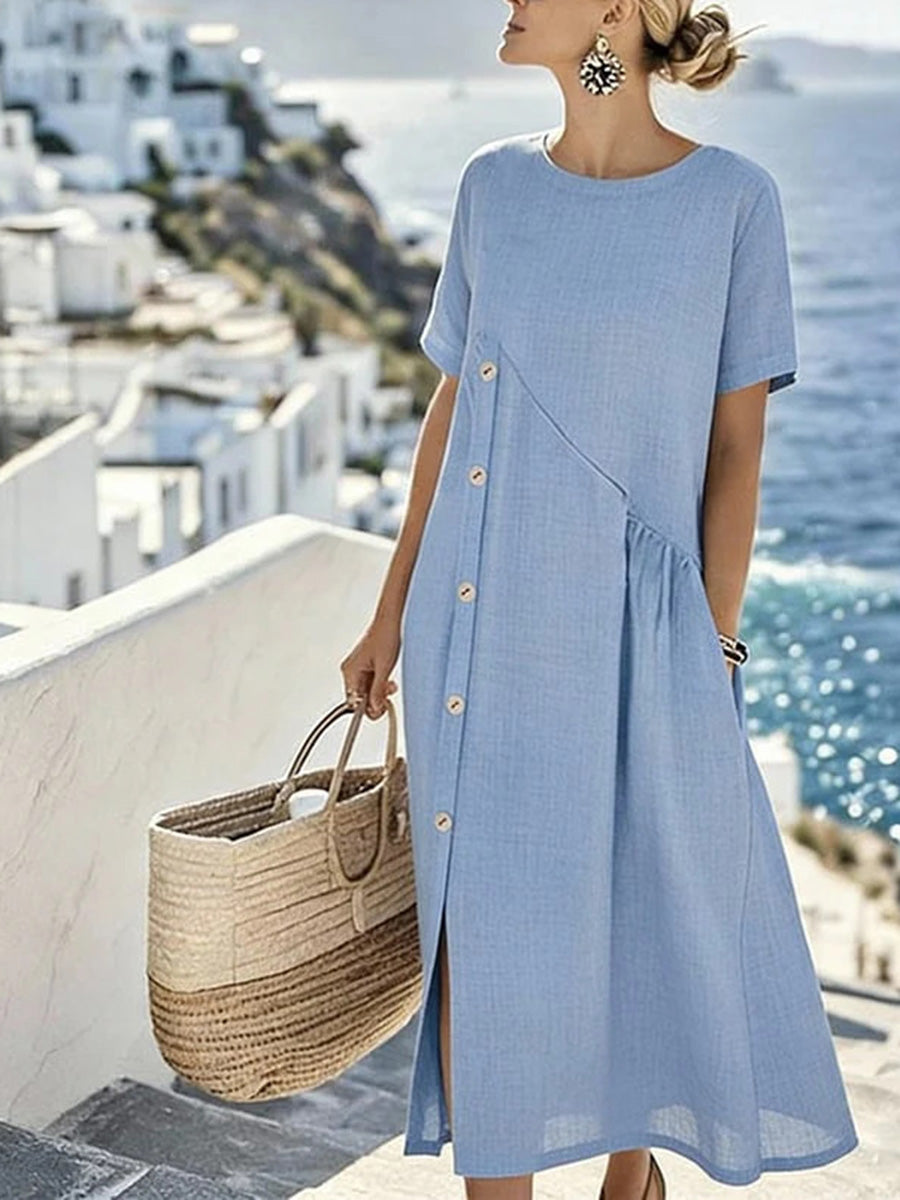 Casual Linen Blend Button Midi Dress