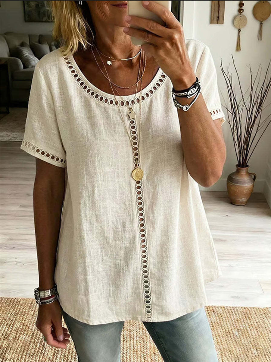 Casual Patchwork Cutout Short Sleeve Top