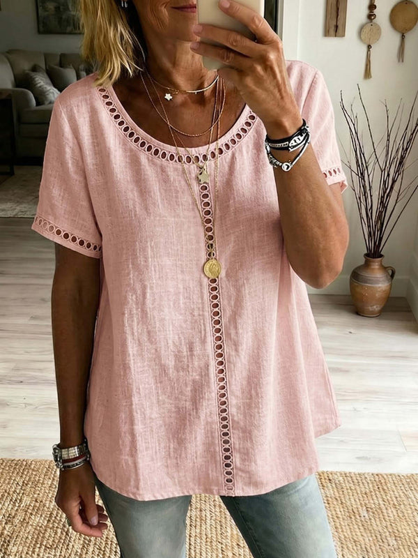 Casual Patchwork Cutout Short Sleeve Top