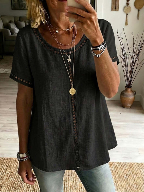 Casual Patchwork Cutout Short Sleeve Top