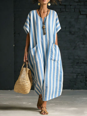 Casual Striped V-Neck Maxi Dress