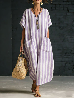 Casual Striped V-Neck Maxi Dress