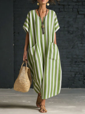 Casual Striped V-Neck Maxi Dress