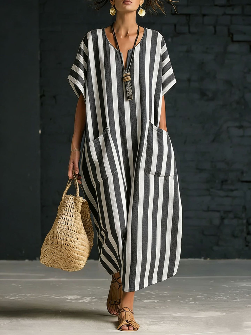 Casual Striped V-Neck Maxi Dress