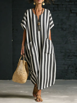 Casual Striped V-Neck Maxi Dress