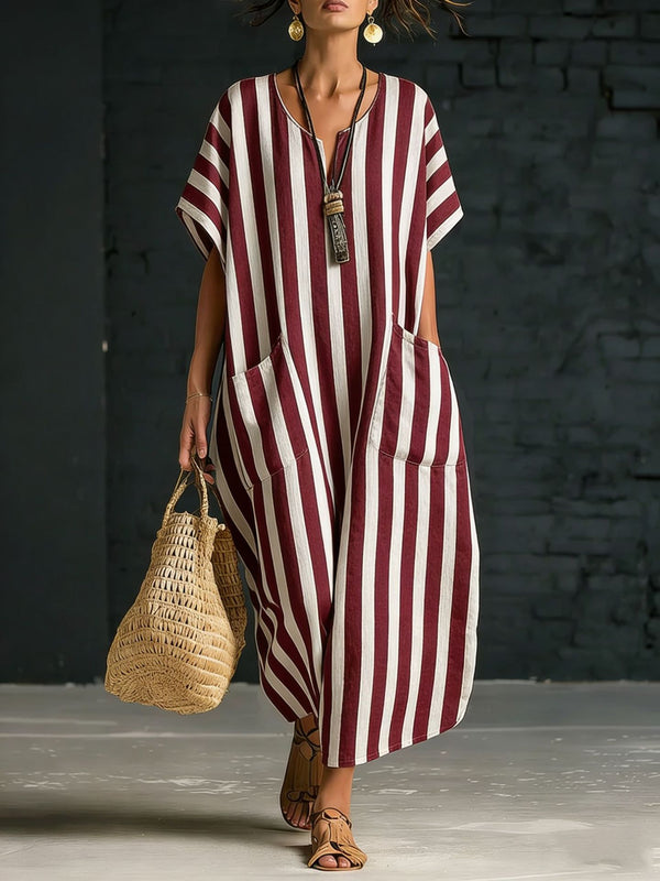 Casual Striped V-Neck Maxi Dress