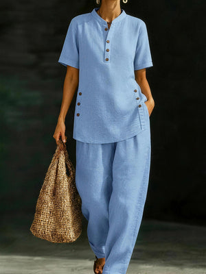 Casual Button-Down Cotton Linen Set