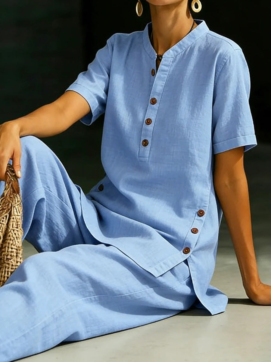 Casual Button-Down Cotton Linen Set