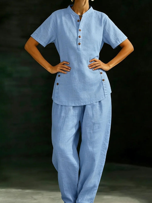 Casual Button-Down Cotton Linen Set