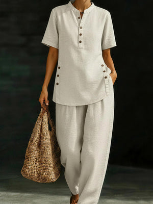 Casual Button-Down Cotton Linen Set