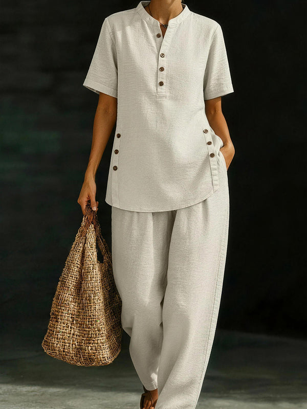 Casual Button-Down Cotton Linen Set