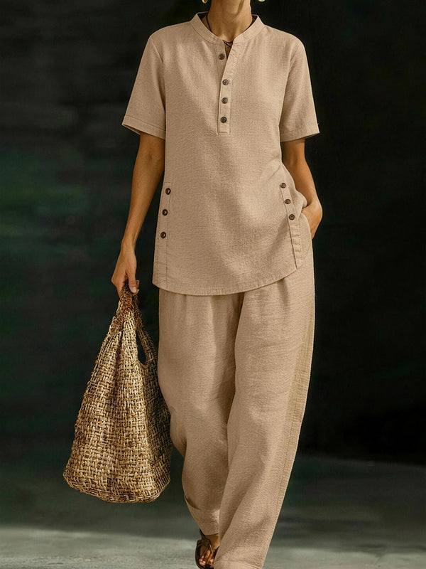 Casual Button-Down Cotton Linen Set