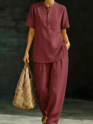Casual Button-Down Cotton Linen Set