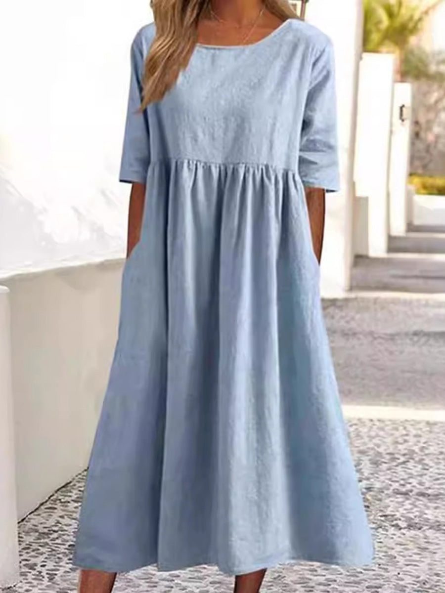 Casual Chic Cotton-Linen Pocket Midi Dress