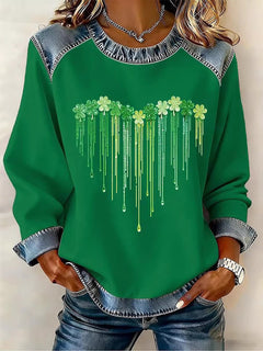 Casual Clover Denim Patchwork Sweatshirt