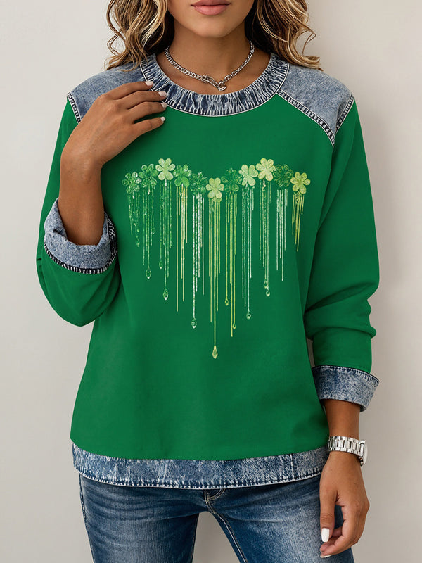 Casual Clover Denim Patchwork Sweatshirt