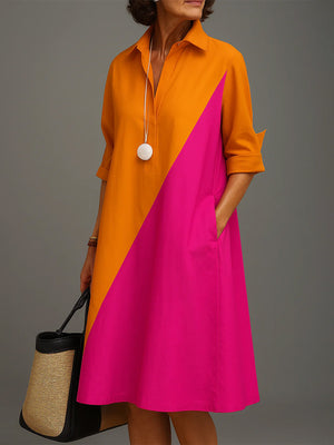 Casual Color-Blocked Long Sleeve Midi Dress