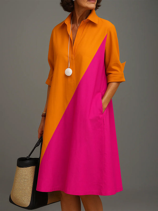 Casual Color-Blocked Long Sleeve Midi Dress