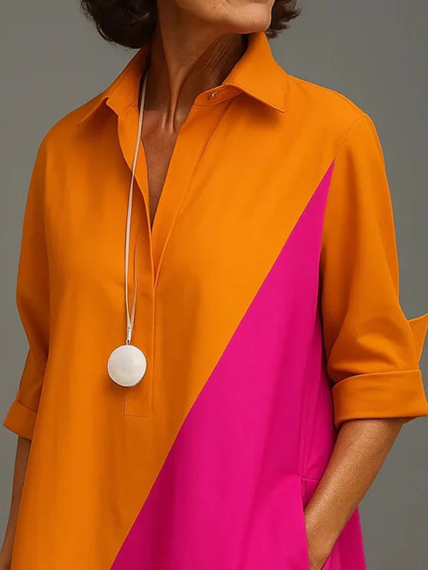 Casual Color-Blocked Long Sleeve Midi Dress