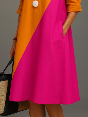Casual Color-Blocked Long Sleeve Midi Dress