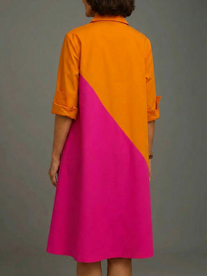 Casual Color-Blocked Long Sleeve Midi Dress