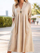 Casual Cotton-Linen Long-Sleeve Maxi Dress